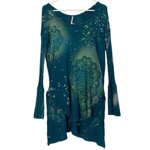 Free People Thermal Shirt Women Size Small Teal FP Tunic Pullover Floral Stencil